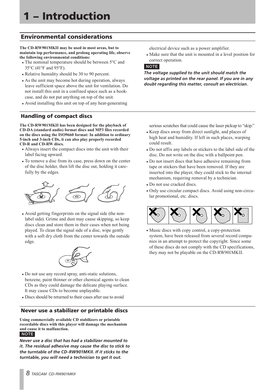 Environmental considerations, Handling of compact discs, Never use a stabilizer or printable discs | 1 − introduction | Teac CD-RW901MKII User Manual | Page 8 / 44