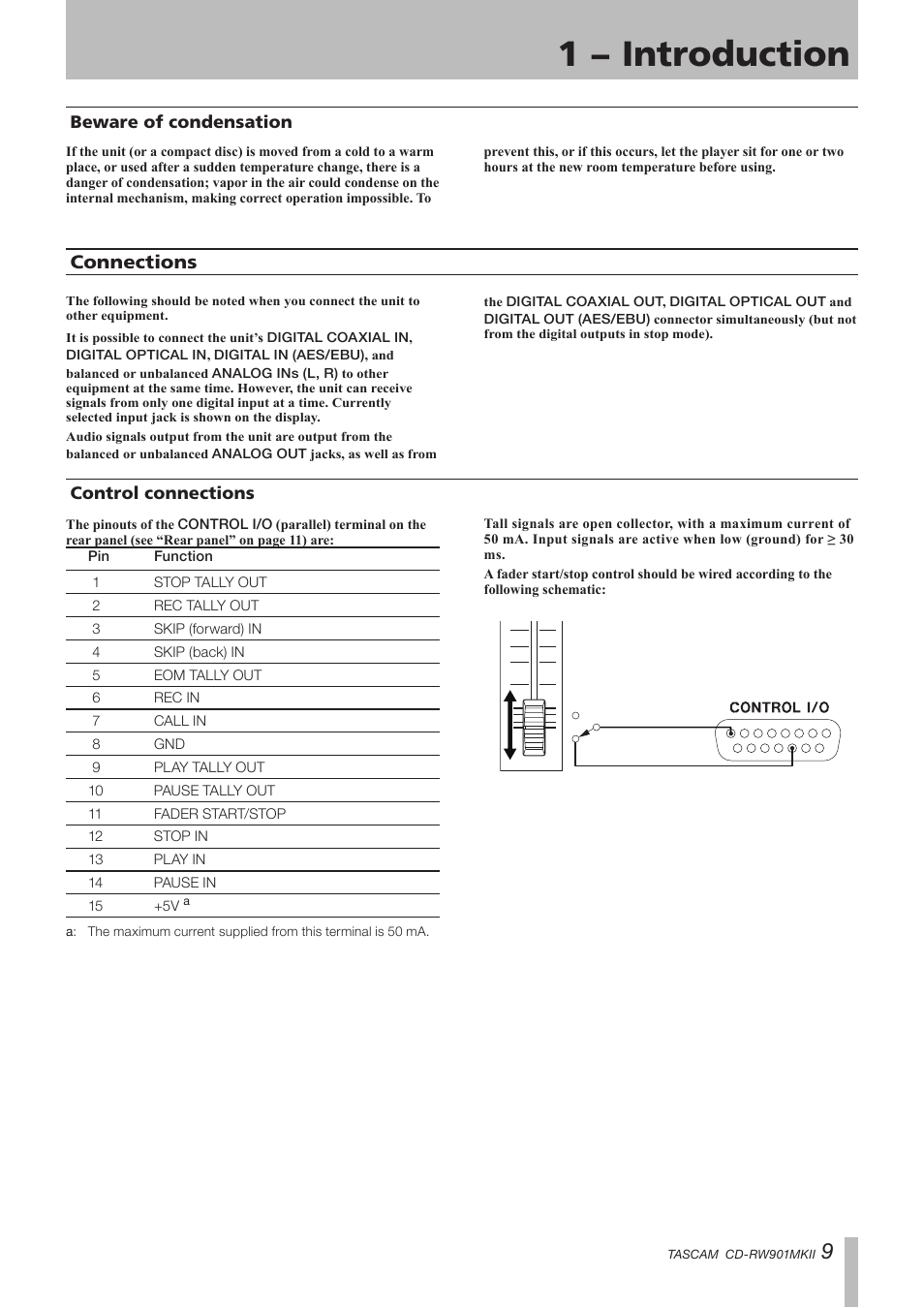 Beware of condensation, Connections, Control connections | 1 − introduction | Teac CD-RW901MKII User Manual | Page 9 / 44