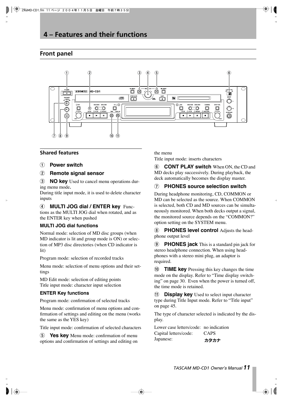 4 – features and their functions, Front panel | Teac MD-CD1 User Manual | Page 11 / 56