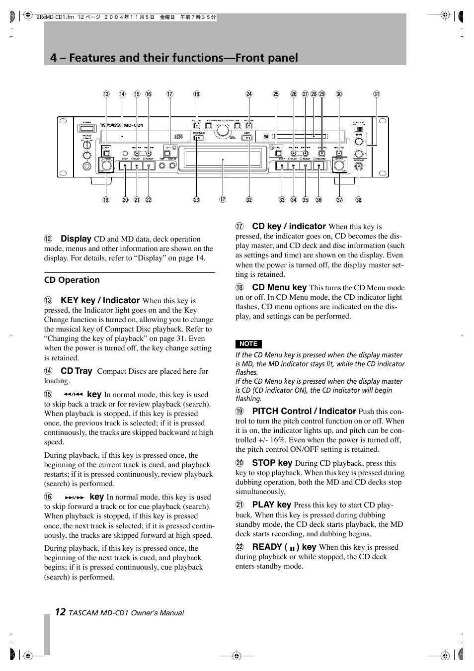 4 – features and their functions—front panel | Teac MD-CD1 User Manual | Page 12 / 56