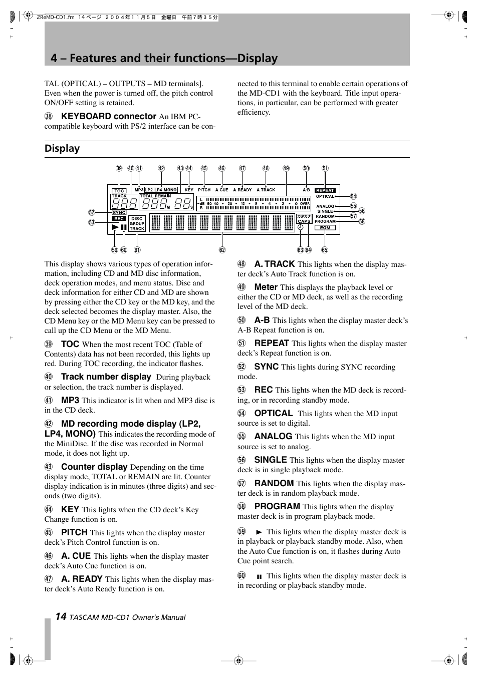 4 – features and their functions—display, Display | Teac MD-CD1 User Manual | Page 14 / 56