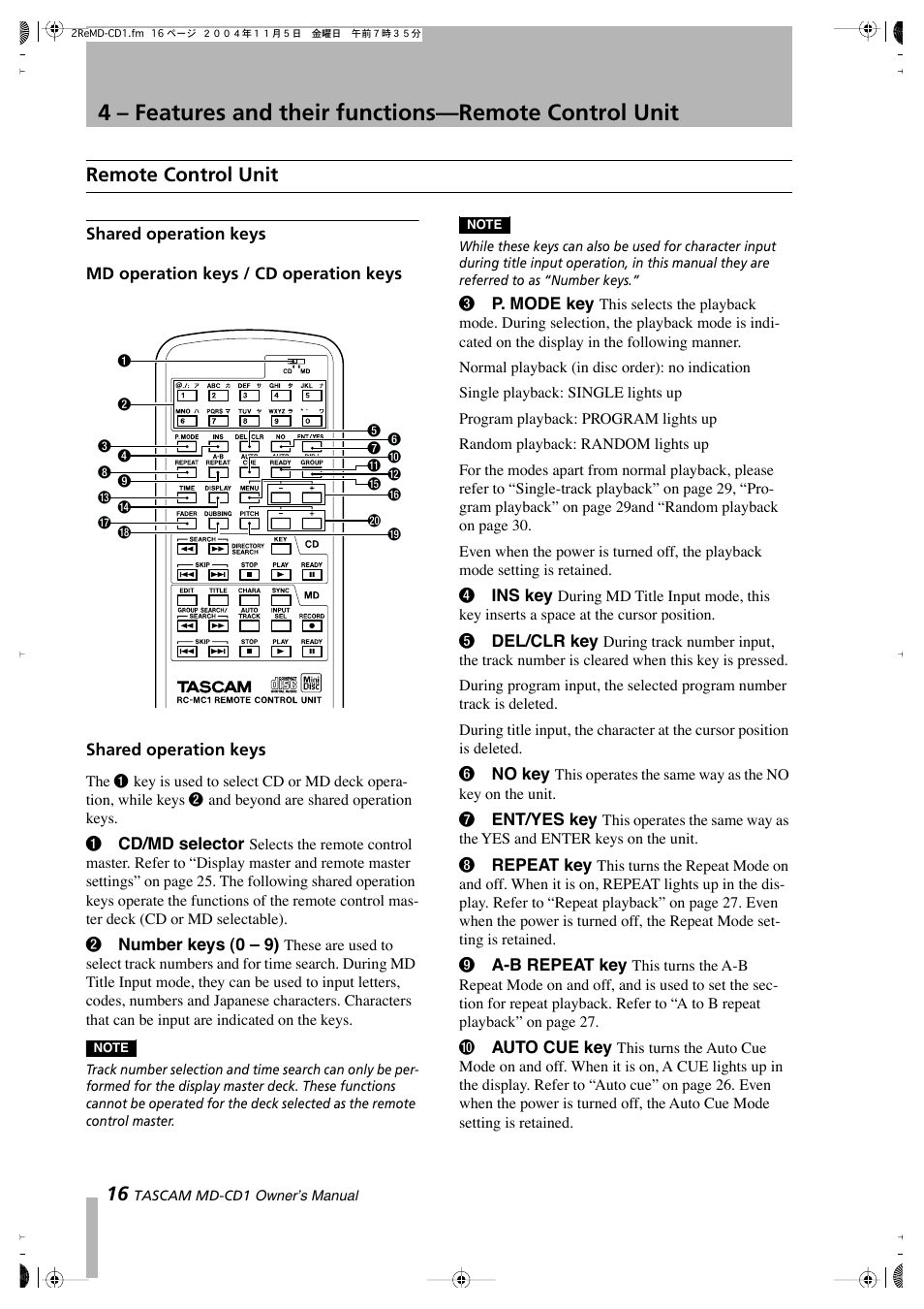 Remote control unit | Teac MD-CD1 User Manual | Page 16 / 56