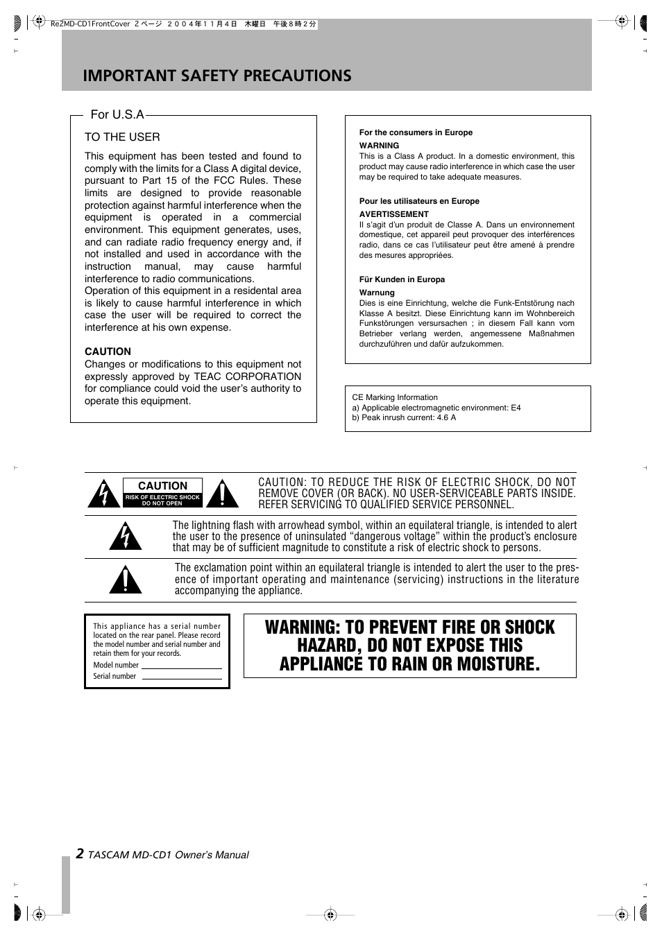 Ü ÿ ÿ, Important safety precautions | Teac MD-CD1 User Manual | Page 2 / 56