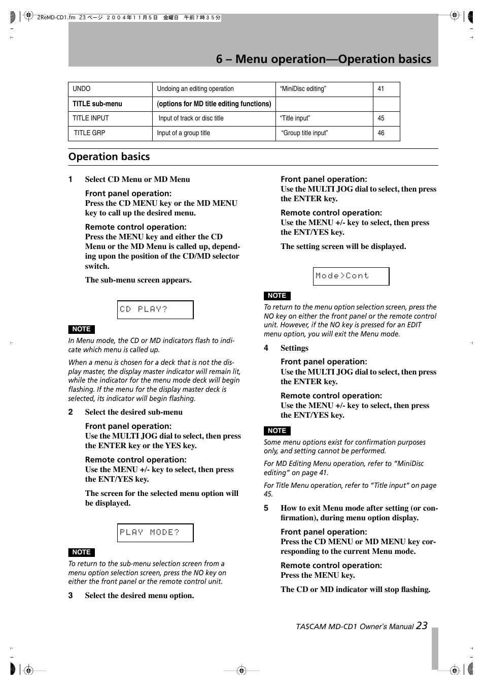 6 – menu operation—operation basics, 23 operation basics | Teac MD-CD1 User Manual | Page 23 / 56