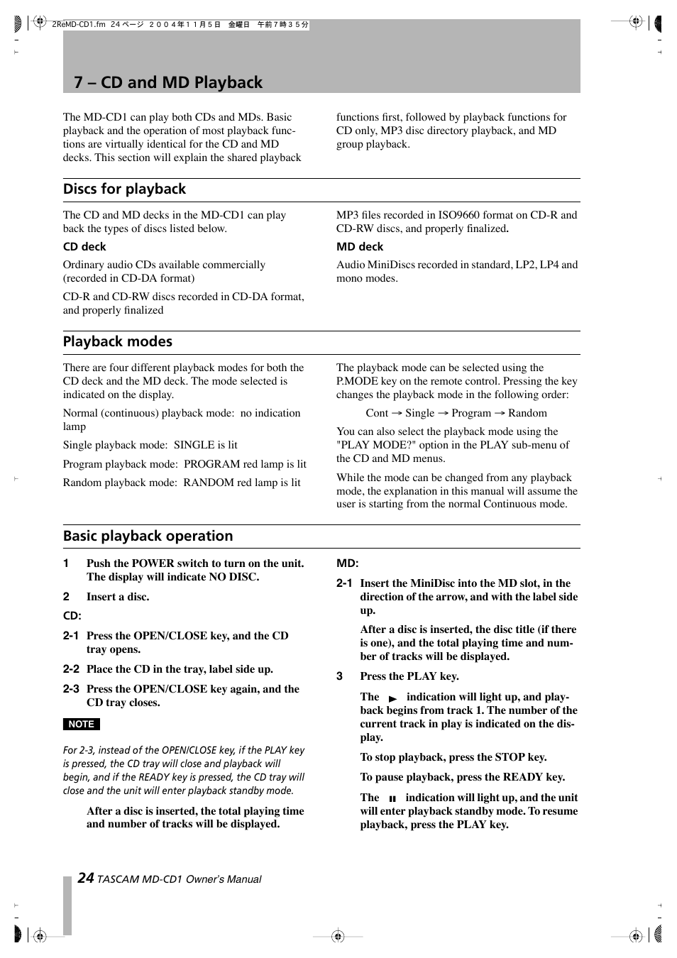 7 – cd and md playback, Discs for playback, Playback modes | Basic playback operation | Teac MD-CD1 User Manual | Page 24 / 56