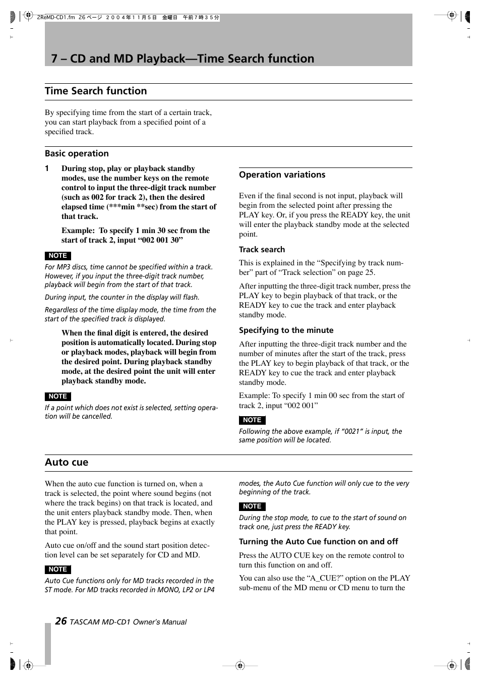 7 – cd and md playback—time search function, Time search function, Auto cue | Teac MD-CD1 User Manual | Page 26 / 56