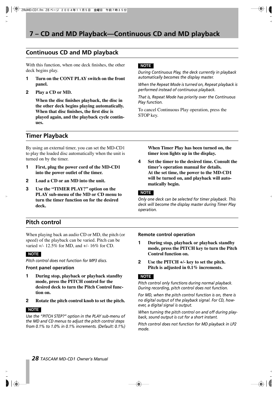 Continuous cd and md playback, Timer playback, Pitch control | Teac MD-CD1 User Manual | Page 28 / 56