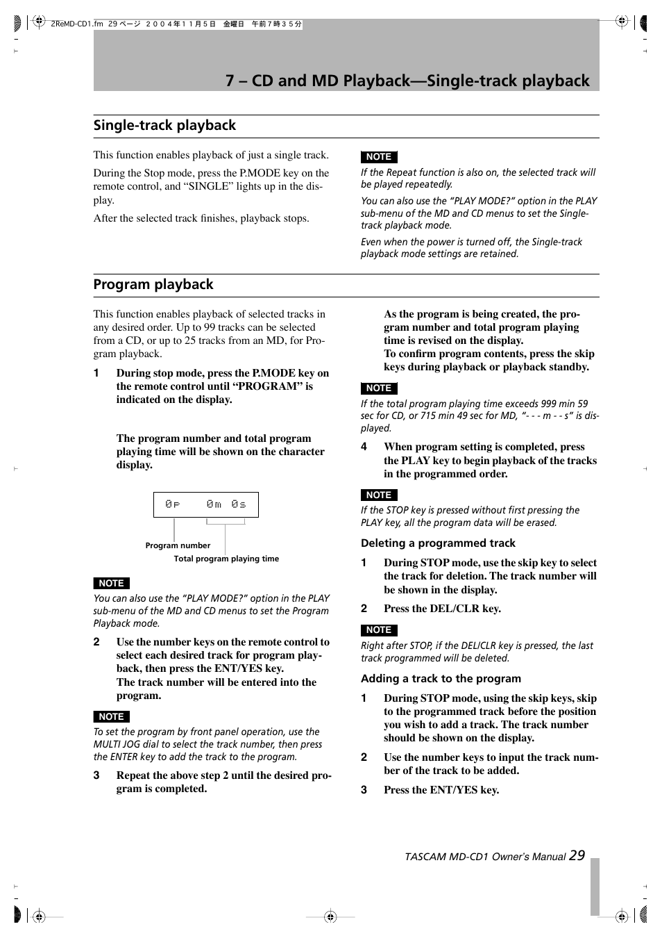 7 – cd and md playback—single-track playback, 29 single-track playback, Program playback | Teac MD-CD1 User Manual | Page 29 / 56