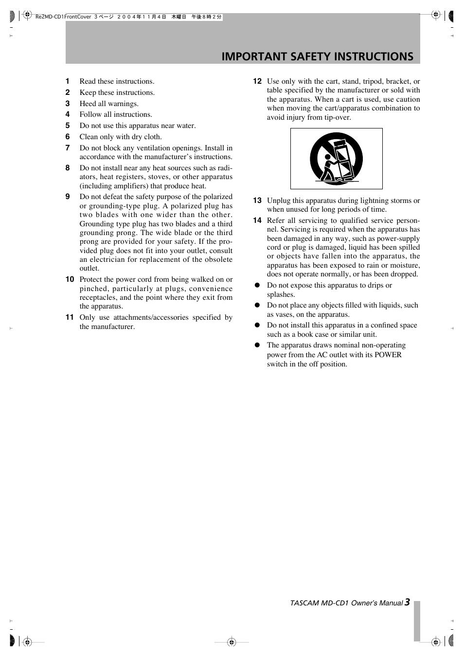 Important safety instructions | Teac MD-CD1 User Manual | Page 3 / 56