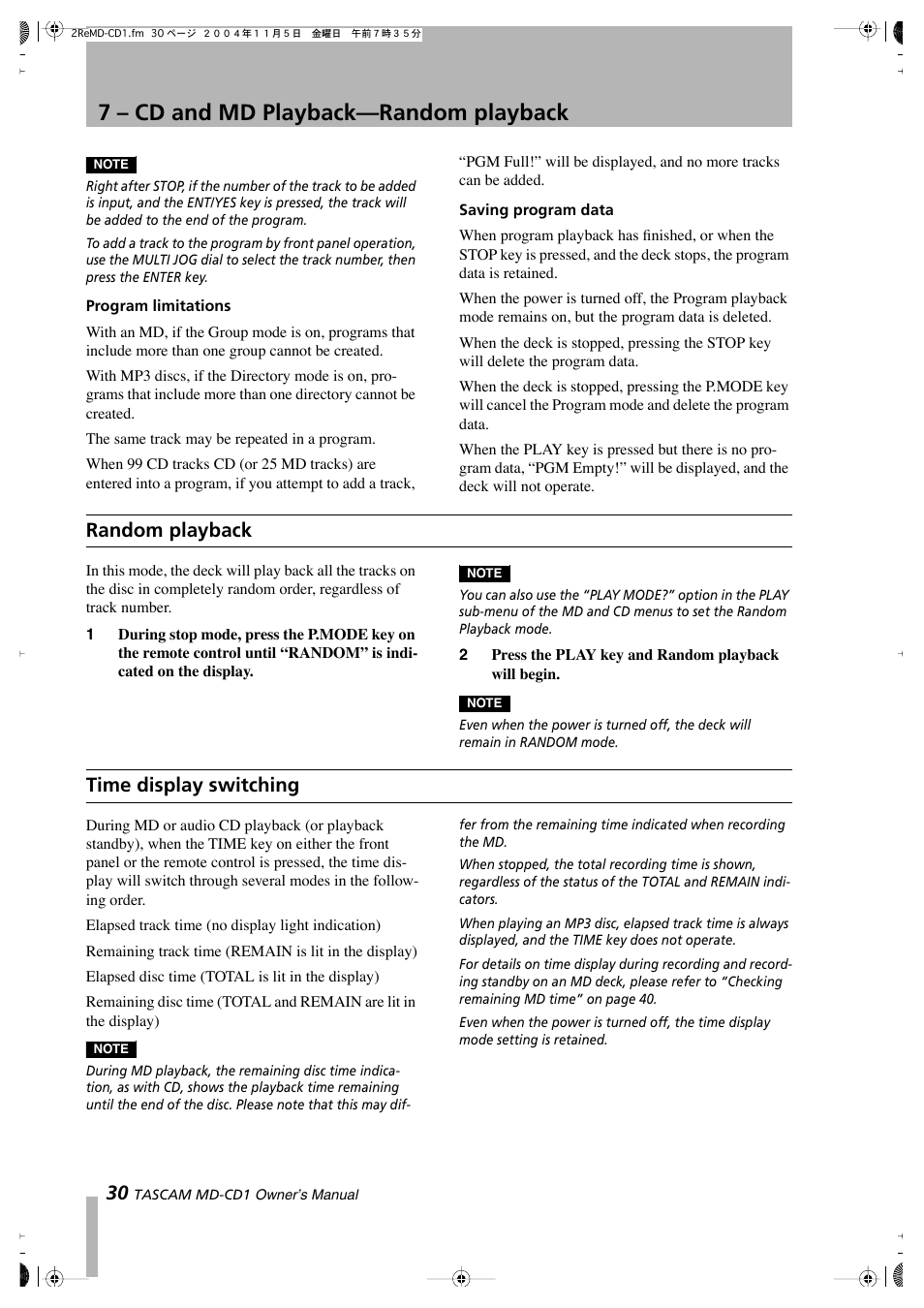 7 – cd and md playback—random playback, Random playback, Time display switching | Teac MD-CD1 User Manual | Page 30 / 56