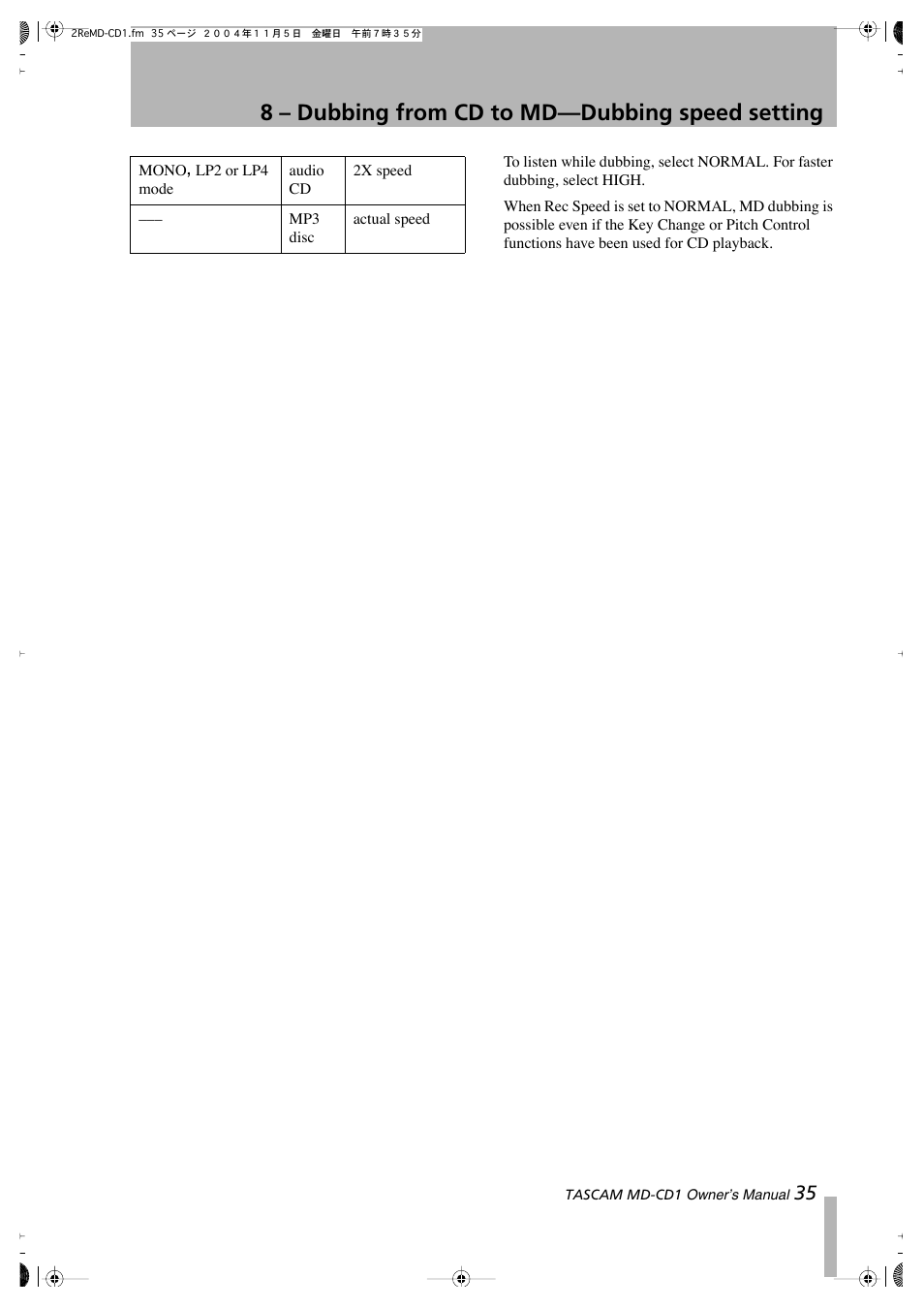 8 – dubbing from cd to md—dubbing speed setting | Teac MD-CD1 User Manual | Page 35 / 56