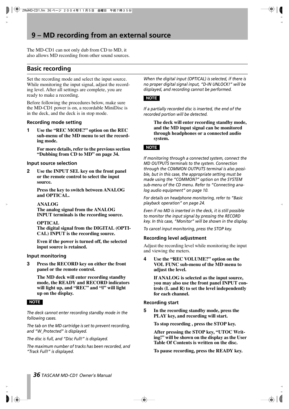 9 – md recording from an external source, Basic recording | Teac MD-CD1 User Manual | Page 36 / 56