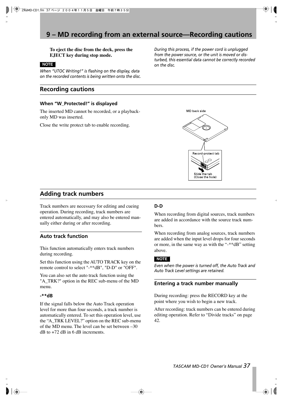 Recording cautions, Adding track numbers | Teac MD-CD1 User Manual | Page 37 / 56
