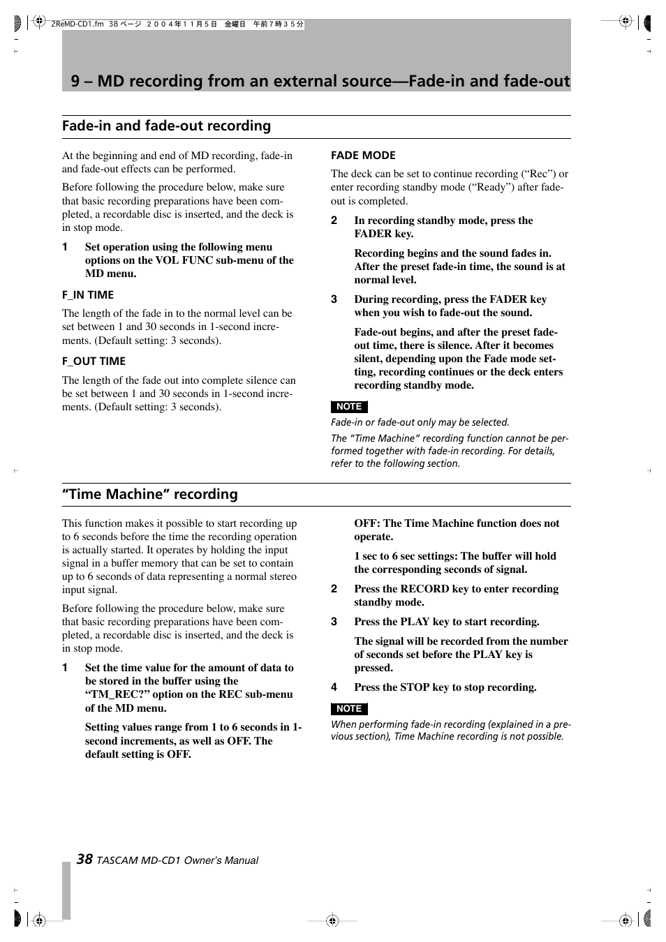 Fade-in and fade-out recording, Time machine” recording | Teac MD-CD1 User Manual | Page 38 / 56