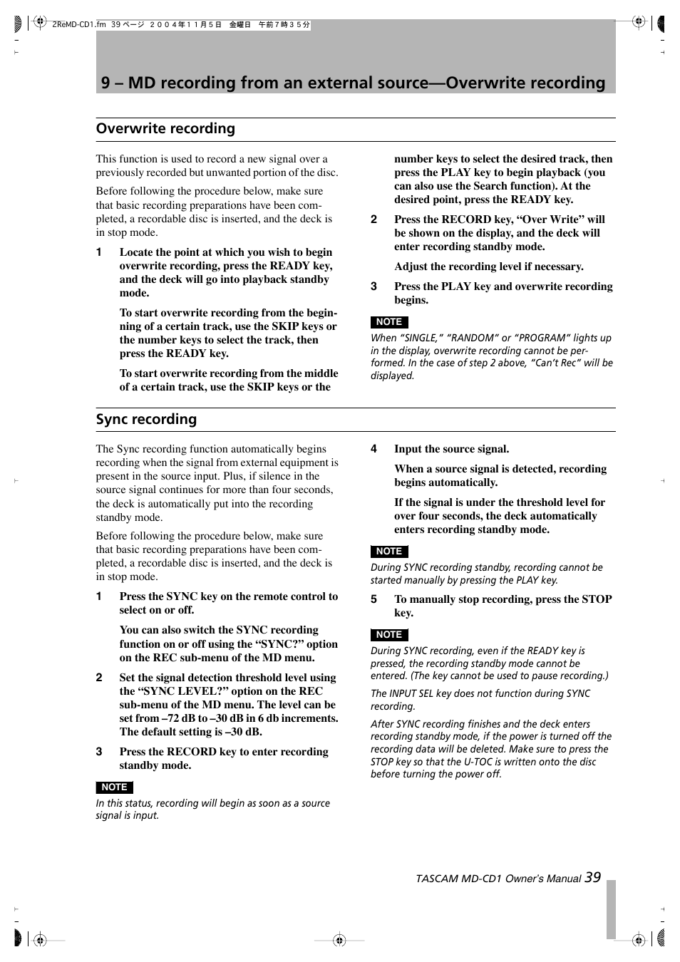 39 overwrite recording, Sync recording | Teac MD-CD1 User Manual | Page 39 / 56