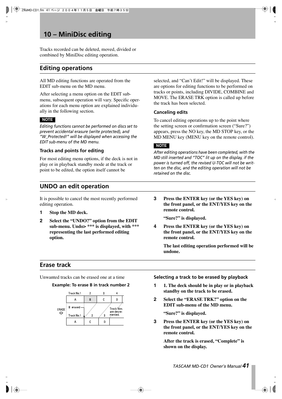 10 – minidisc editing, Editing operations, Undo an edit operation | Erase track | Teac MD-CD1 User Manual | Page 41 / 56