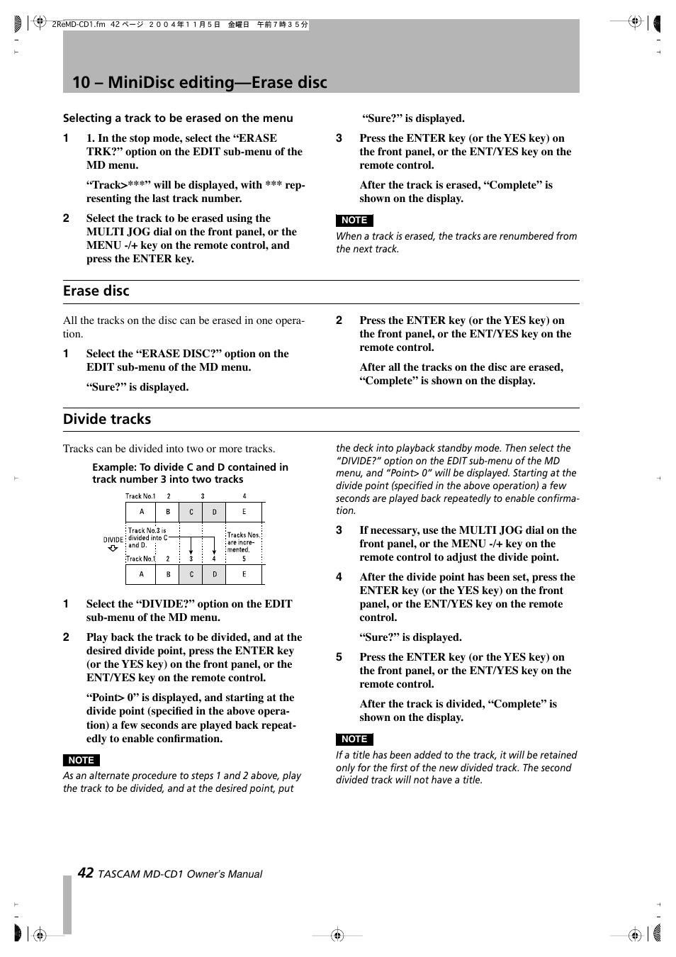 10 – minidisc editing—erase disc, Erase disc, Divide tracks | Teac MD-CD1 User Manual | Page 42 / 56