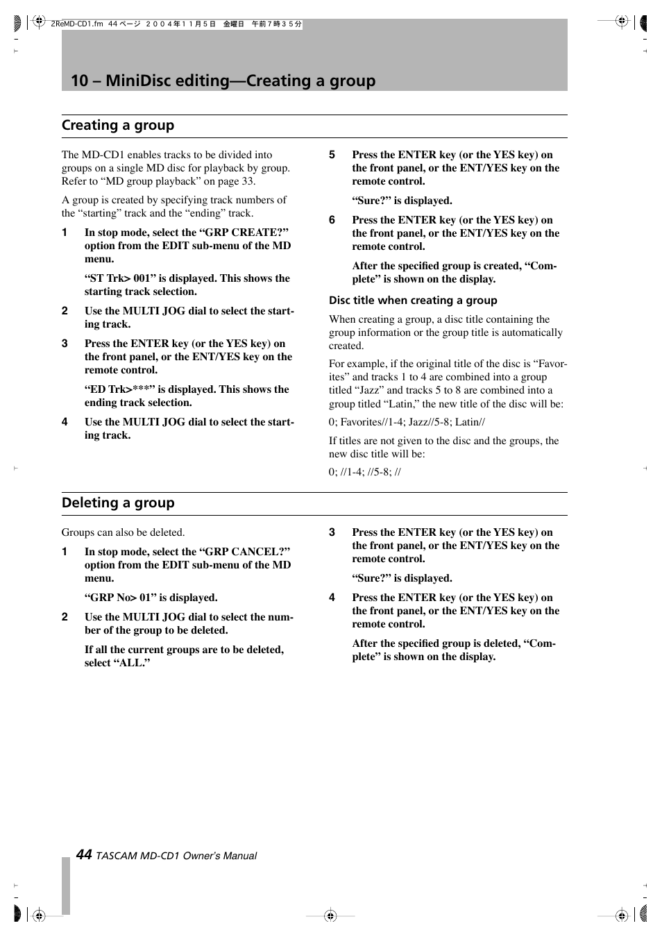 10 – minidisc editing—creating a group, Creating a group, Deleting a group | Teac MD-CD1 User Manual | Page 44 / 56