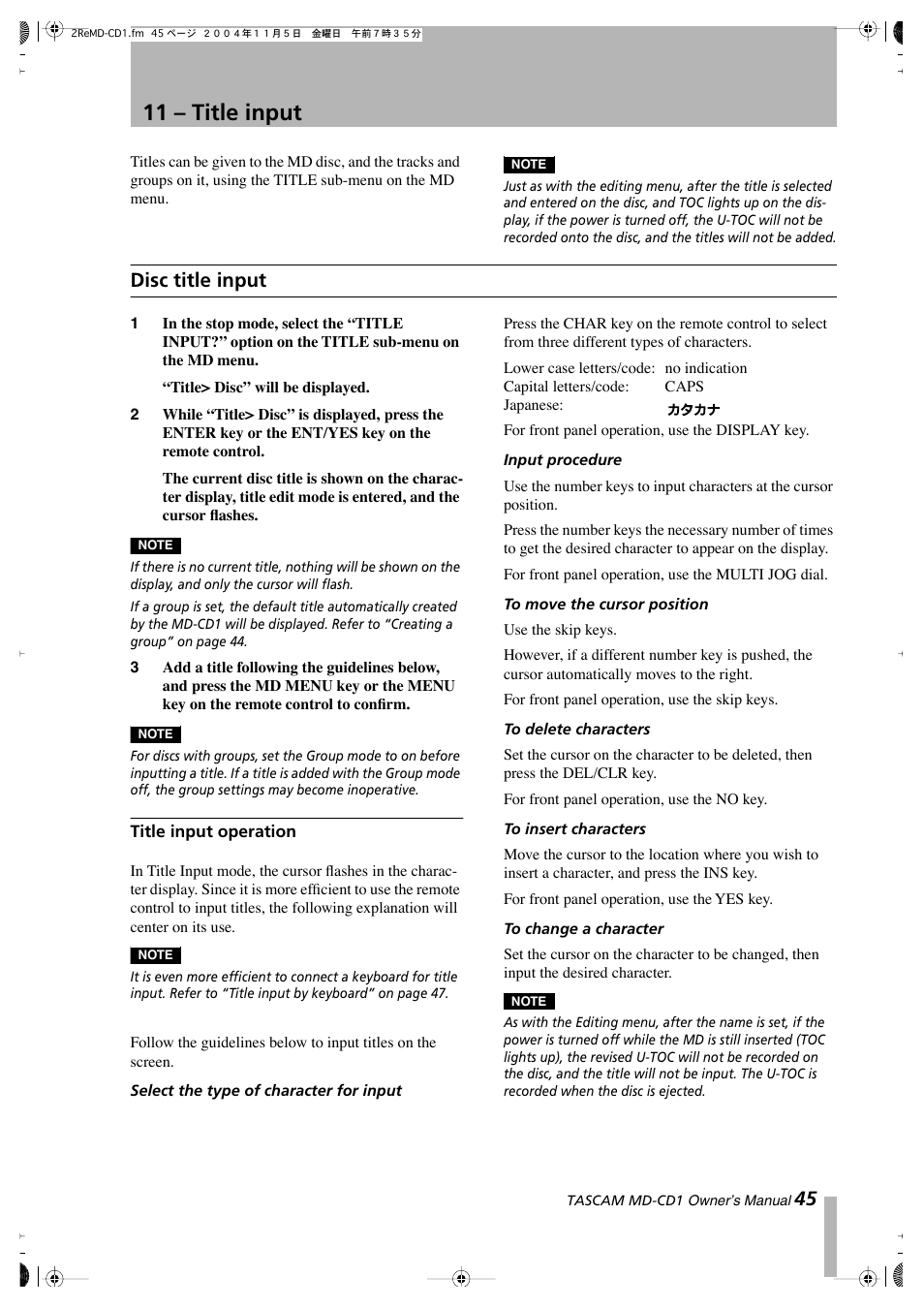 11 – title input, Disc title input | Teac MD-CD1 User Manual | Page 45 / 56