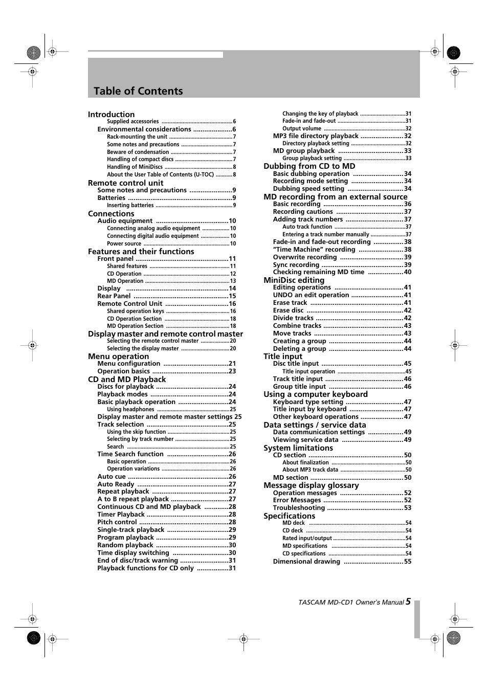 Teac MD-CD1 User Manual | Page 5 / 56