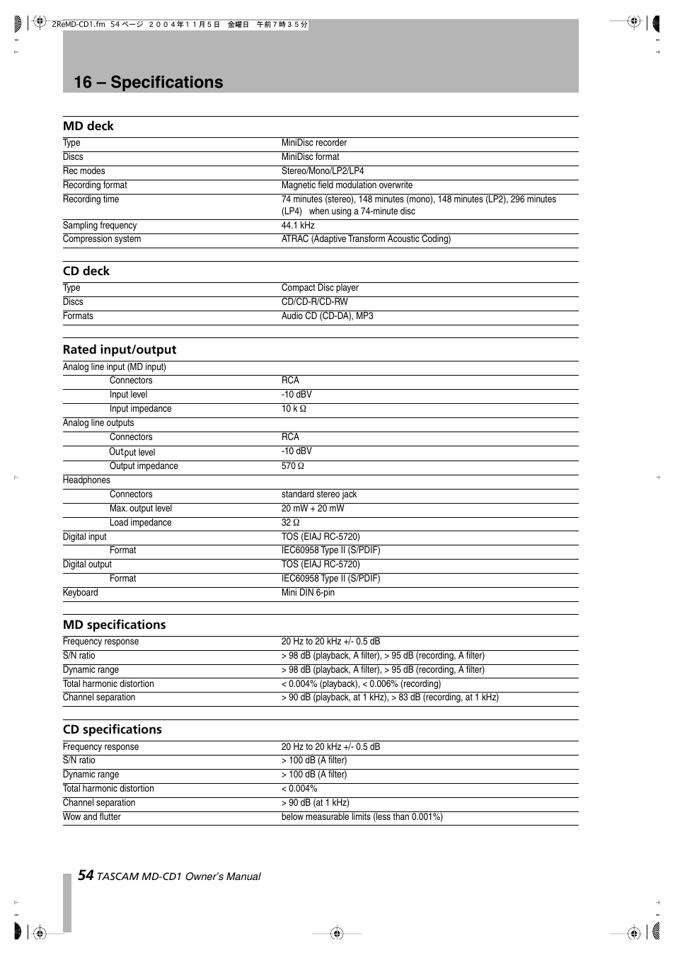 16 – specifications | Teac MD-CD1 User Manual | Page 54 / 56