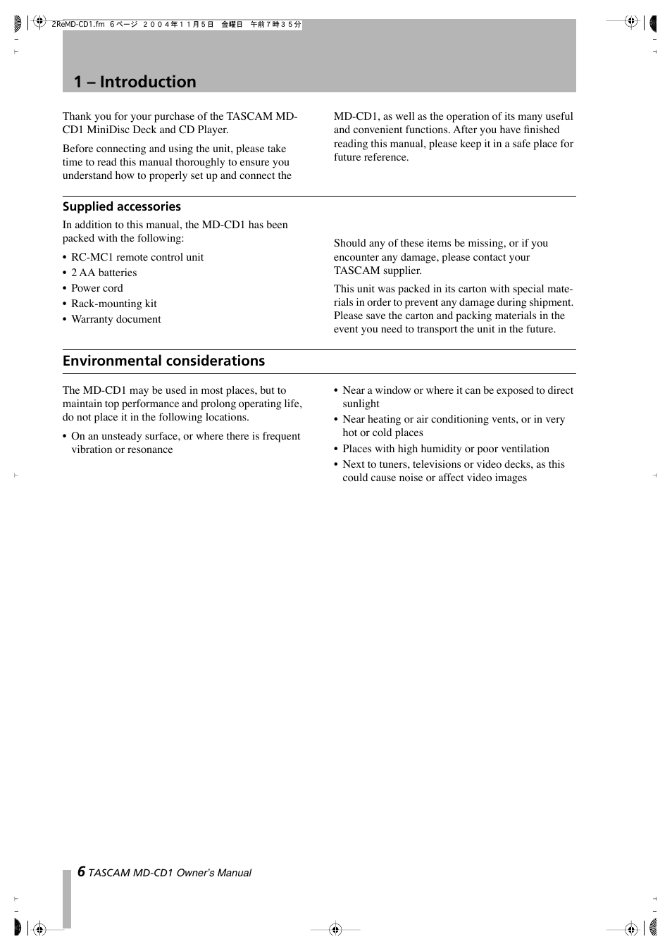 1 – introduction | Teac MD-CD1 User Manual | Page 6 / 56