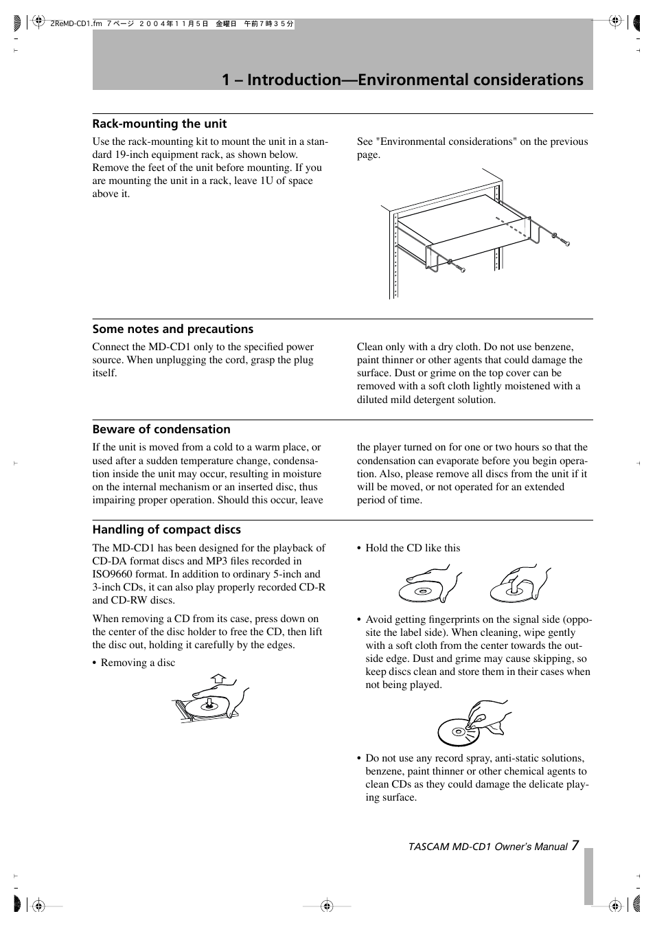 1 – introduction—environmental considerations | Teac MD-CD1 User Manual | Page 7 / 56