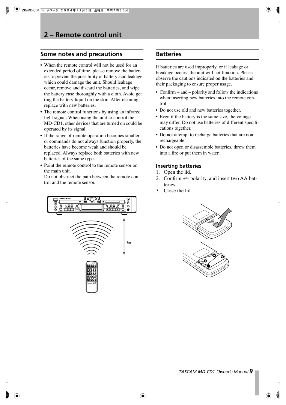 2 – remote control unit, Batteries | Teac MD-CD1 User Manual | Page 9 / 56