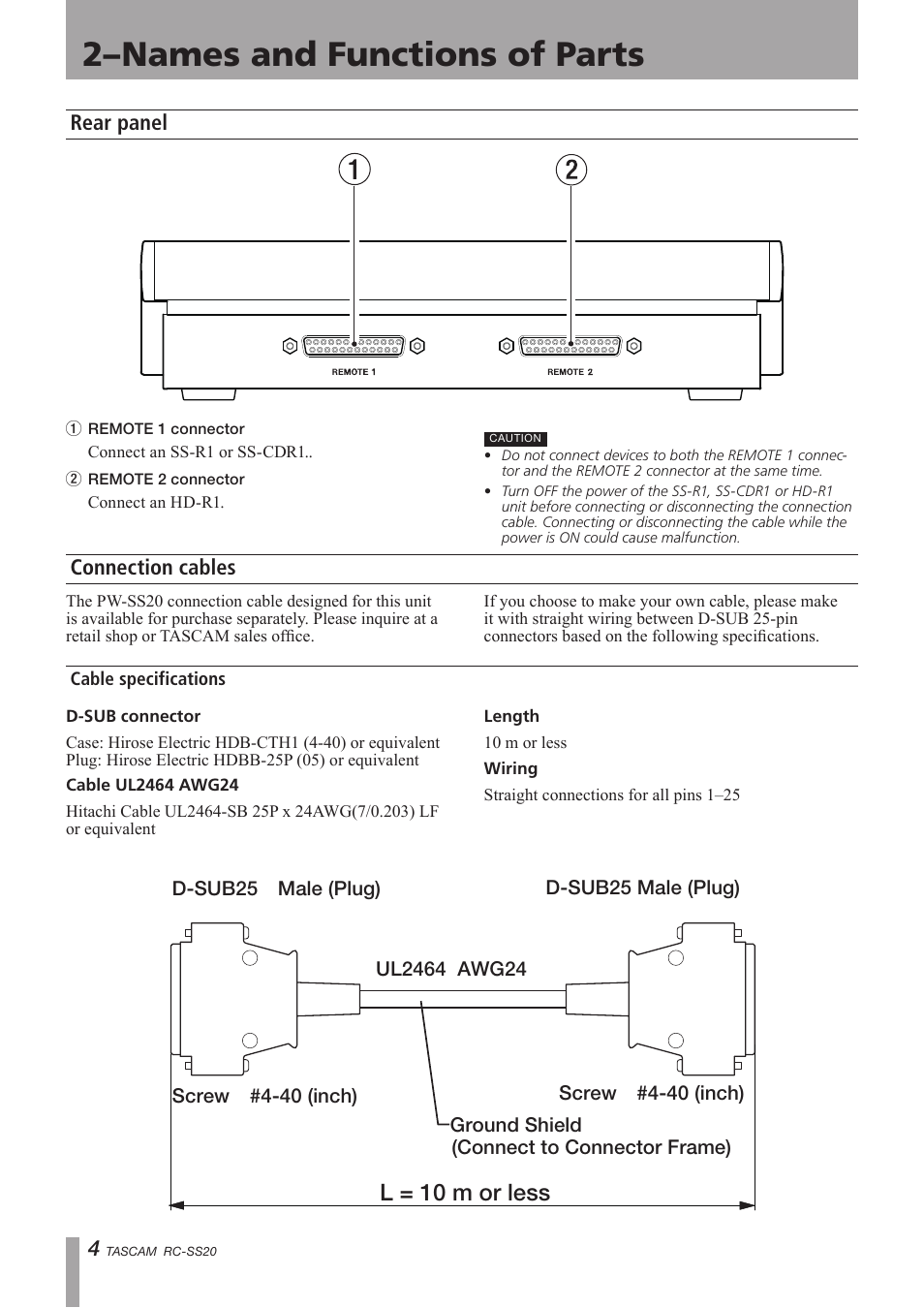 Rear panel, Connection cables, Cable specifications | 2–names and functions of parts, L = 10 m or less, Rear panel connection cables | Teac RC-SS20 User Manual | Page 4 / 8
