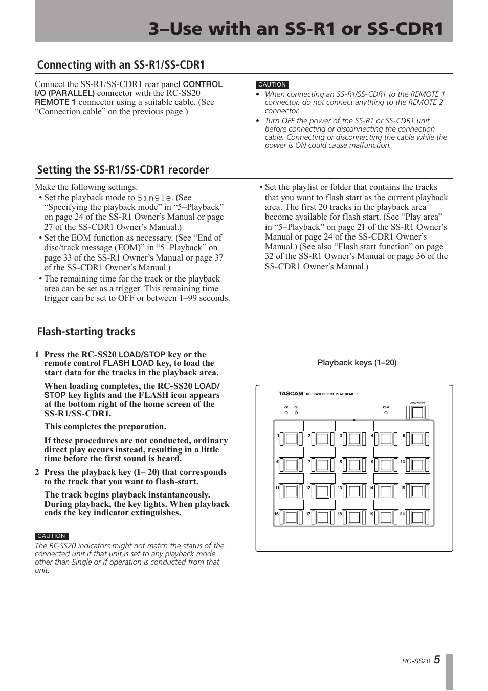 Use with an ss-r1 or ss-cdr1, Connecting with an ss-r1/ss-cdr1, Setting the ss-r1/ss-cdr1 recorder | Flash-starting tracks, 3–use with an ss-r1 or ss-cdr1 | Teac RC-SS20 User Manual | Page 5 / 8