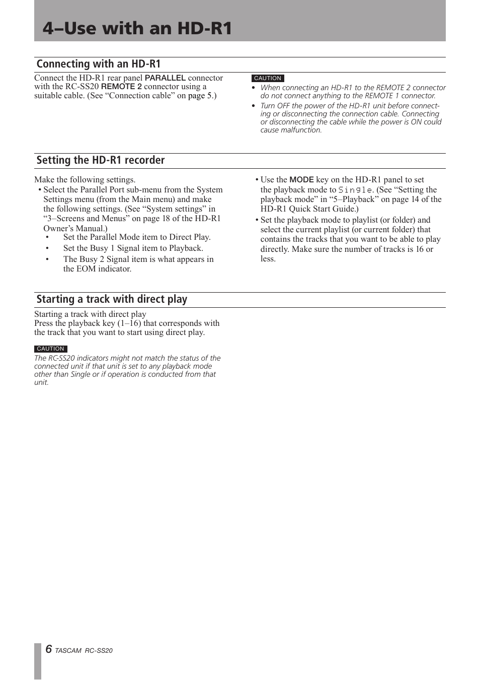 Use with an hd-r1, Connecting with an hd-r1, Setting the hd-r1 recorder | Starting a track with direct play, 4–use with an hd-r1 | Teac RC-SS20 User Manual | Page 6 / 8