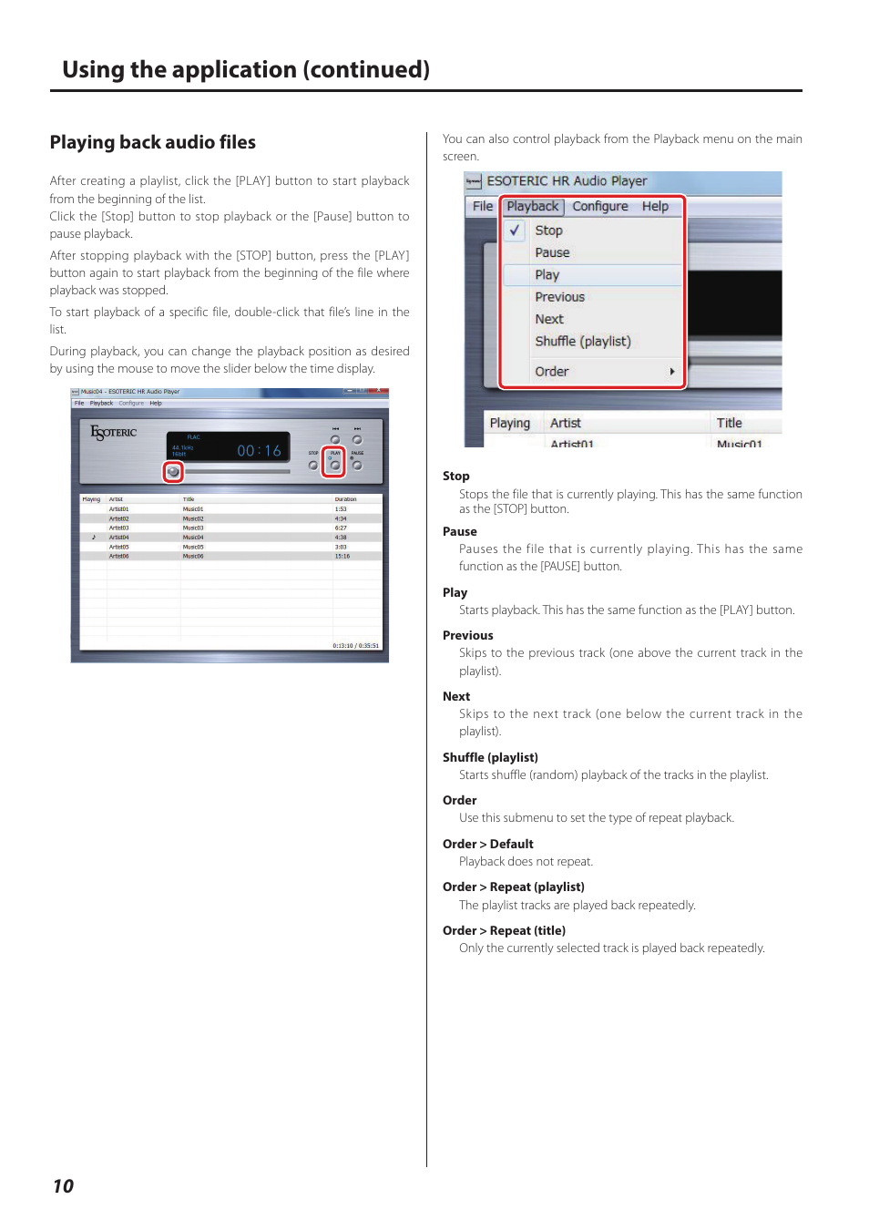 Playing back audio files, Using the application (continued) | Teac ESOTERIC HR User Manual | Page 10 / 11