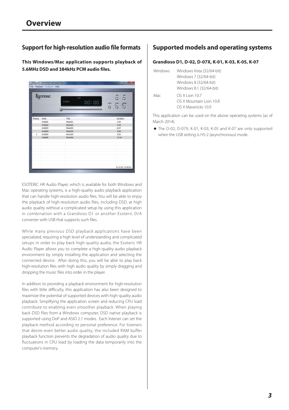 Overview, Support for high-resolution audio file formats, Supported models and operating systems | Teac ESOTERIC HR User Manual | Page 3 / 11