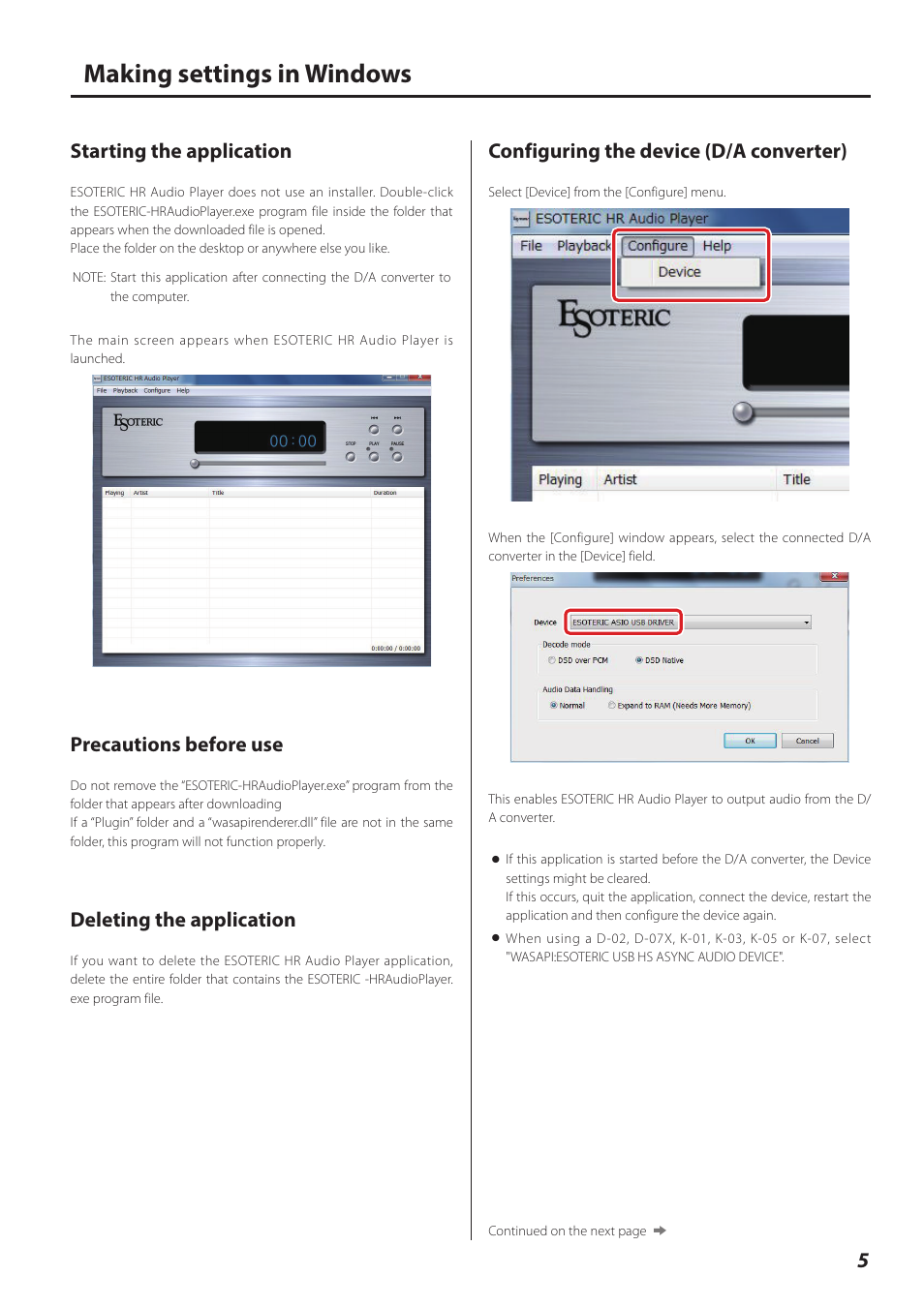 Making settings in windows, Starting the application, Precautions before use | Deleting the application, Configuring the device (d/a converter) | Teac ESOTERIC HR User Manual | Page 5 / 11