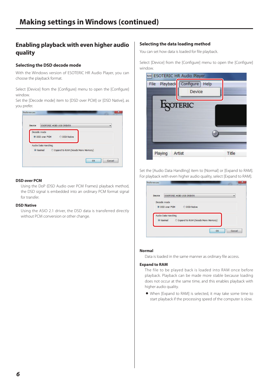 Enabling playback with even higher audio quality, Making settings in windows (continued) | Teac ESOTERIC HR User Manual | Page 6 / 11