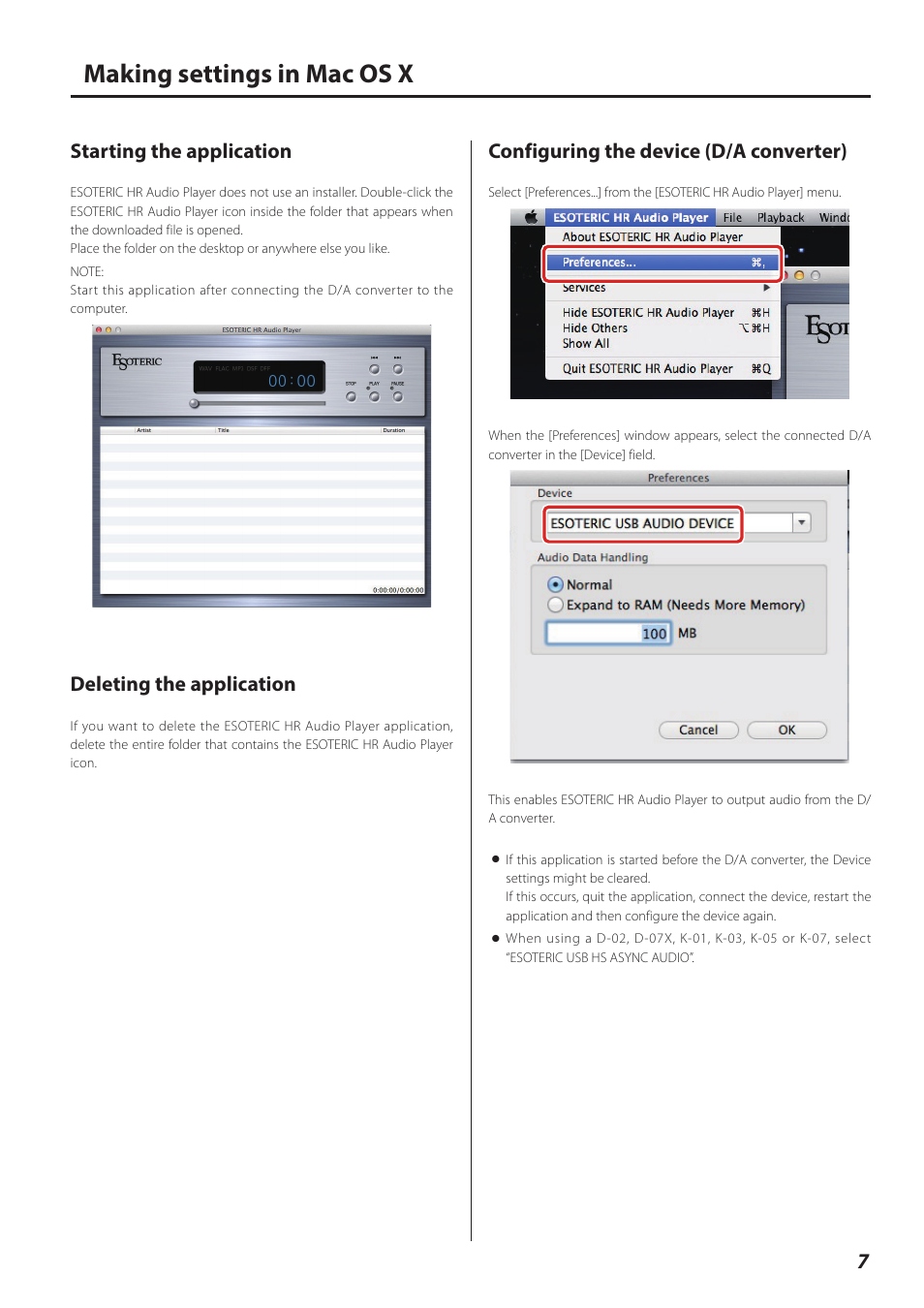 Making settings in mac os x, Starting the application, Deleting the application | Configuring the device (d/a converter) | Teac ESOTERIC HR User Manual | Page 7 / 11