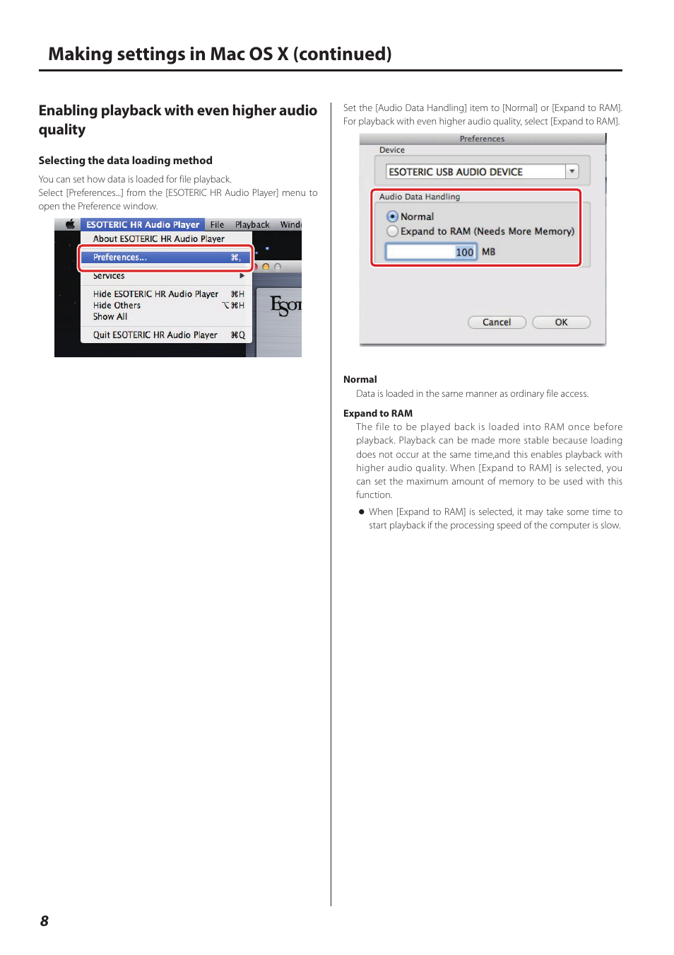 Enabling playback with even higher audio quality, Making settings in mac os x (continued) | Teac ESOTERIC HR User Manual | Page 8 / 11