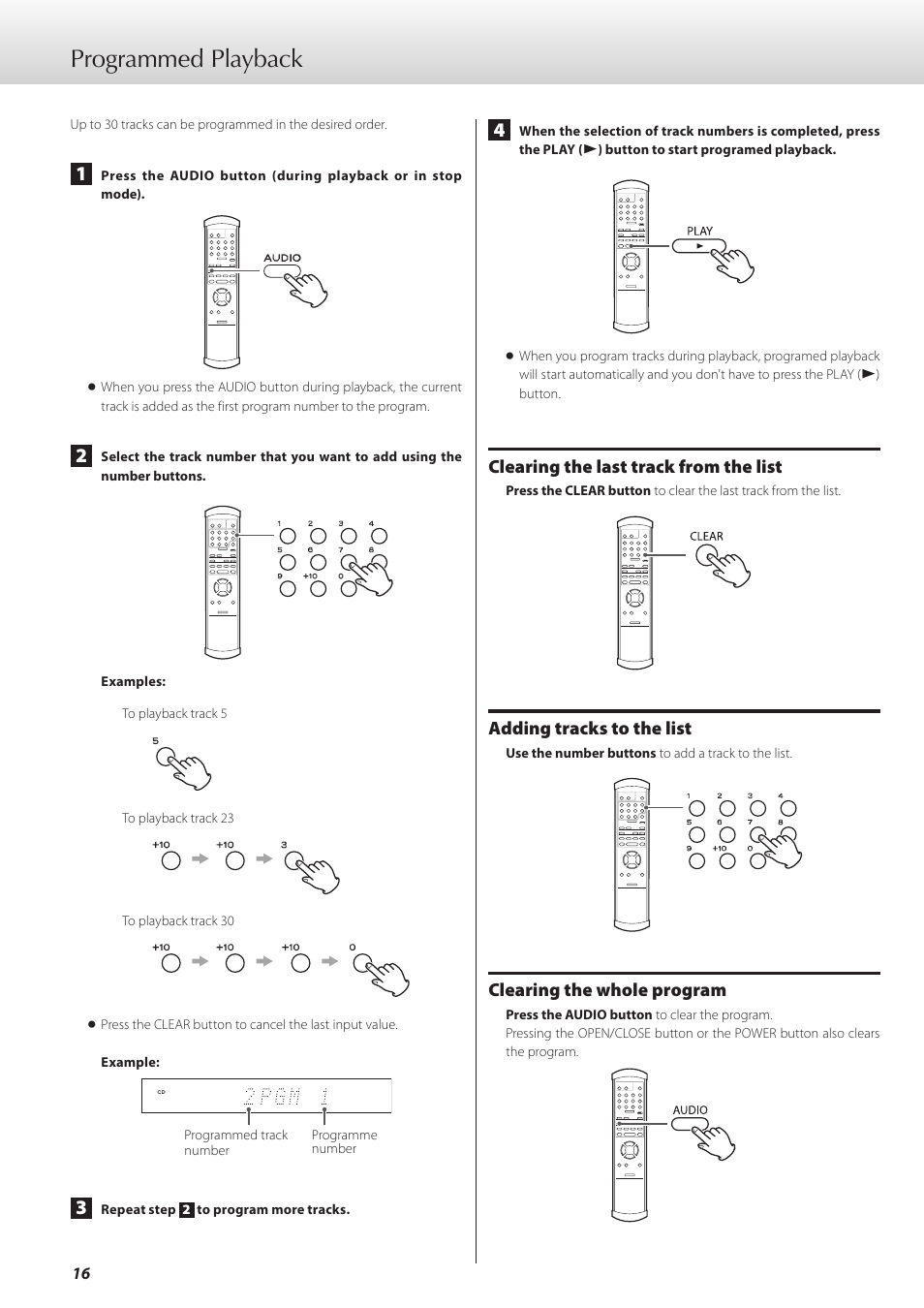 Programmed playback, Clearing the last track from the list, Adding tracks to the list | Clearing the whole program | Teac K-01 User Manual | Page 16 / 76