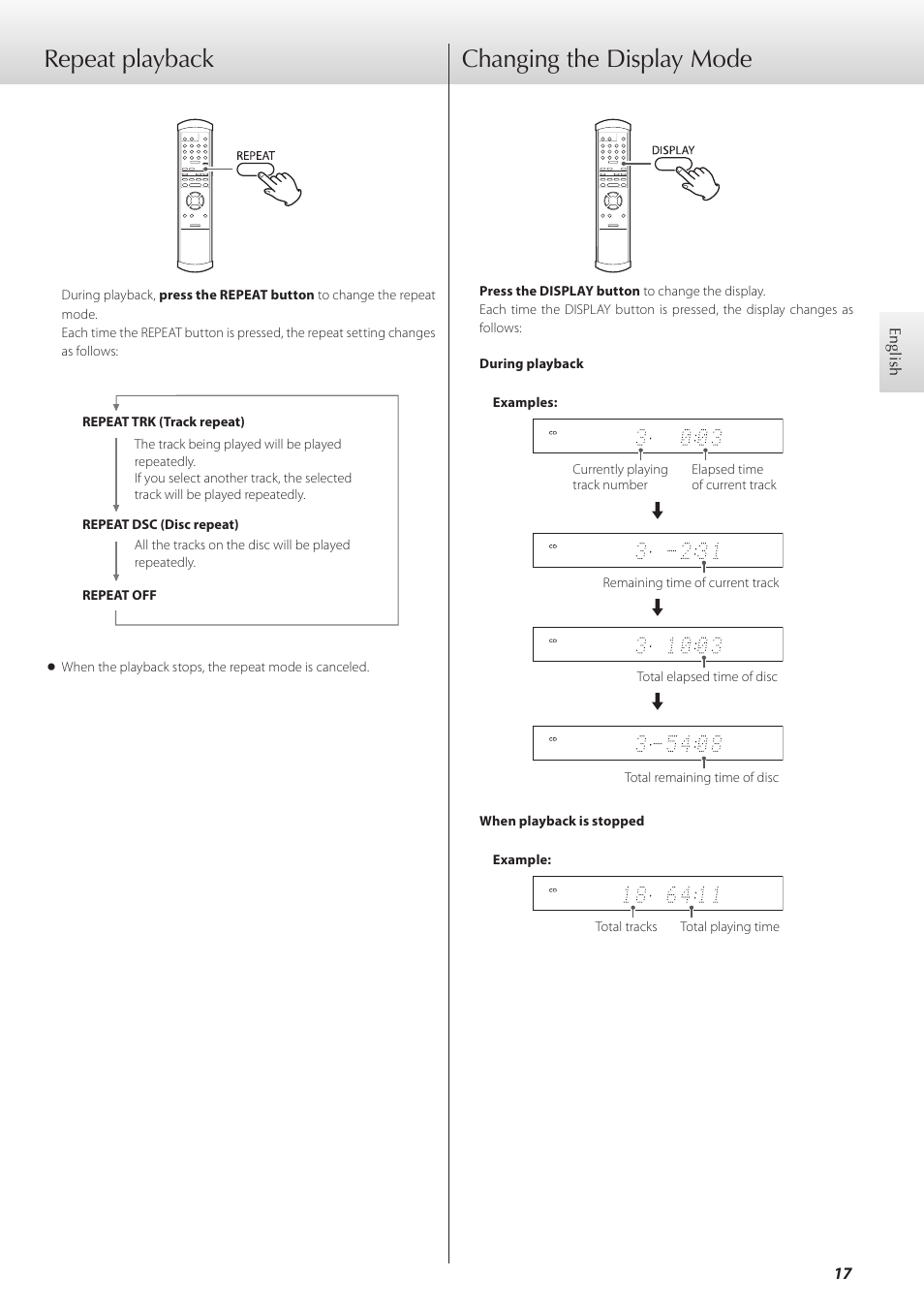 Repeat playback, Changing the display mode, Repeat playback changing the display mode | Teac K-01 User Manual | Page 17 / 76