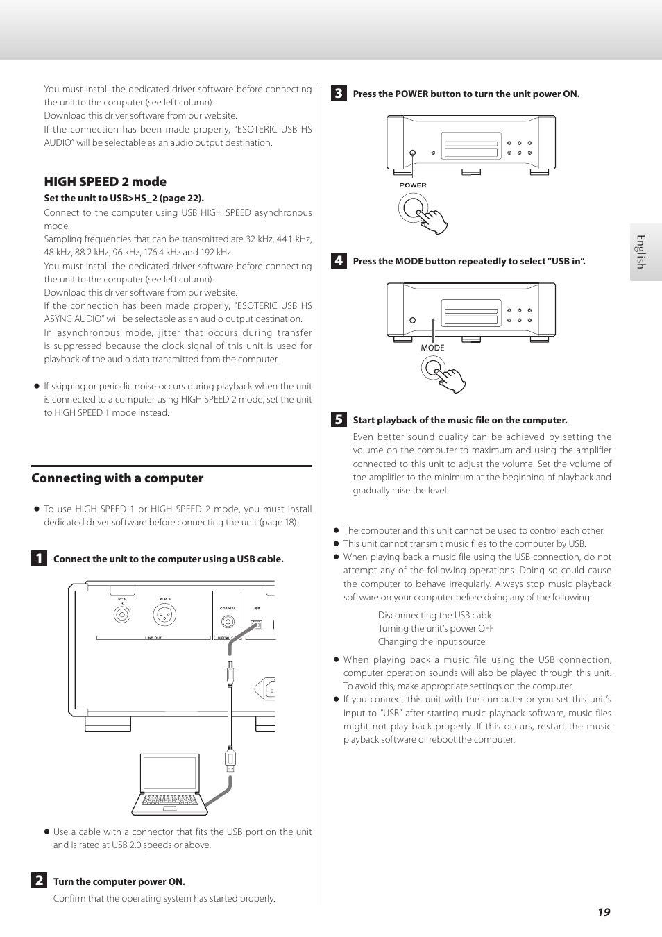 High speed 2 mode, Connecting with a computer | Teac K-01 User Manual | Page 19 / 76