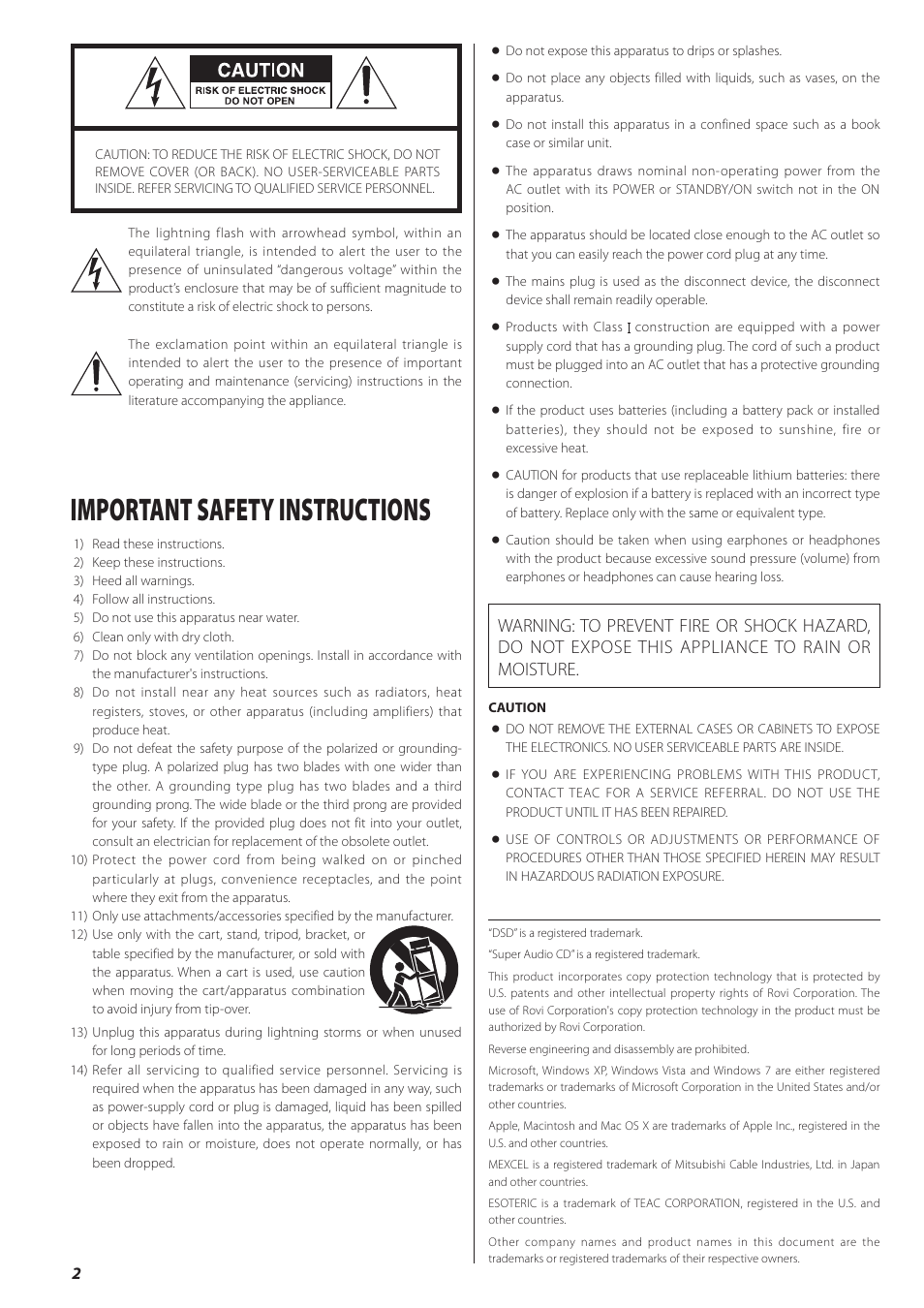 Important safety instructions | Teac K-01 User Manual | Page 2 / 76