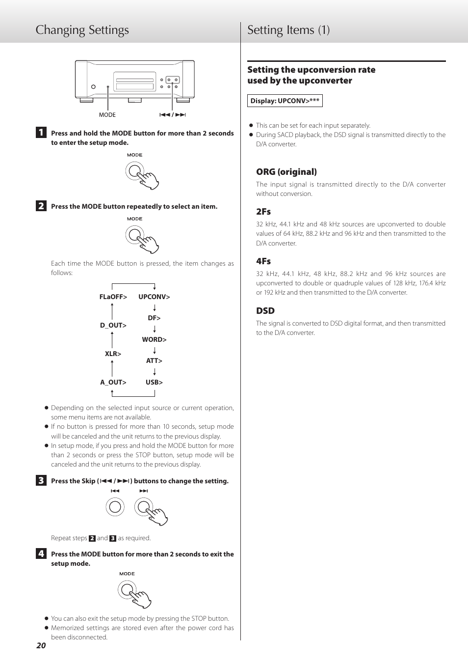 Changing settings, Setting items, Changing settings setting items | Setting items (1), Org (original) | Teac K-01 User Manual | Page 20 / 76