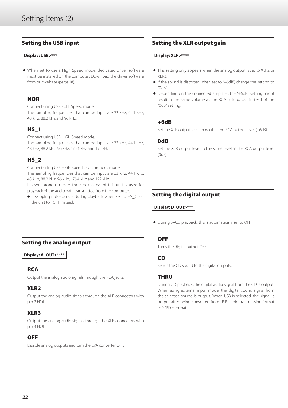 Setting items (2) | Teac K-01 User Manual | Page 22 / 76