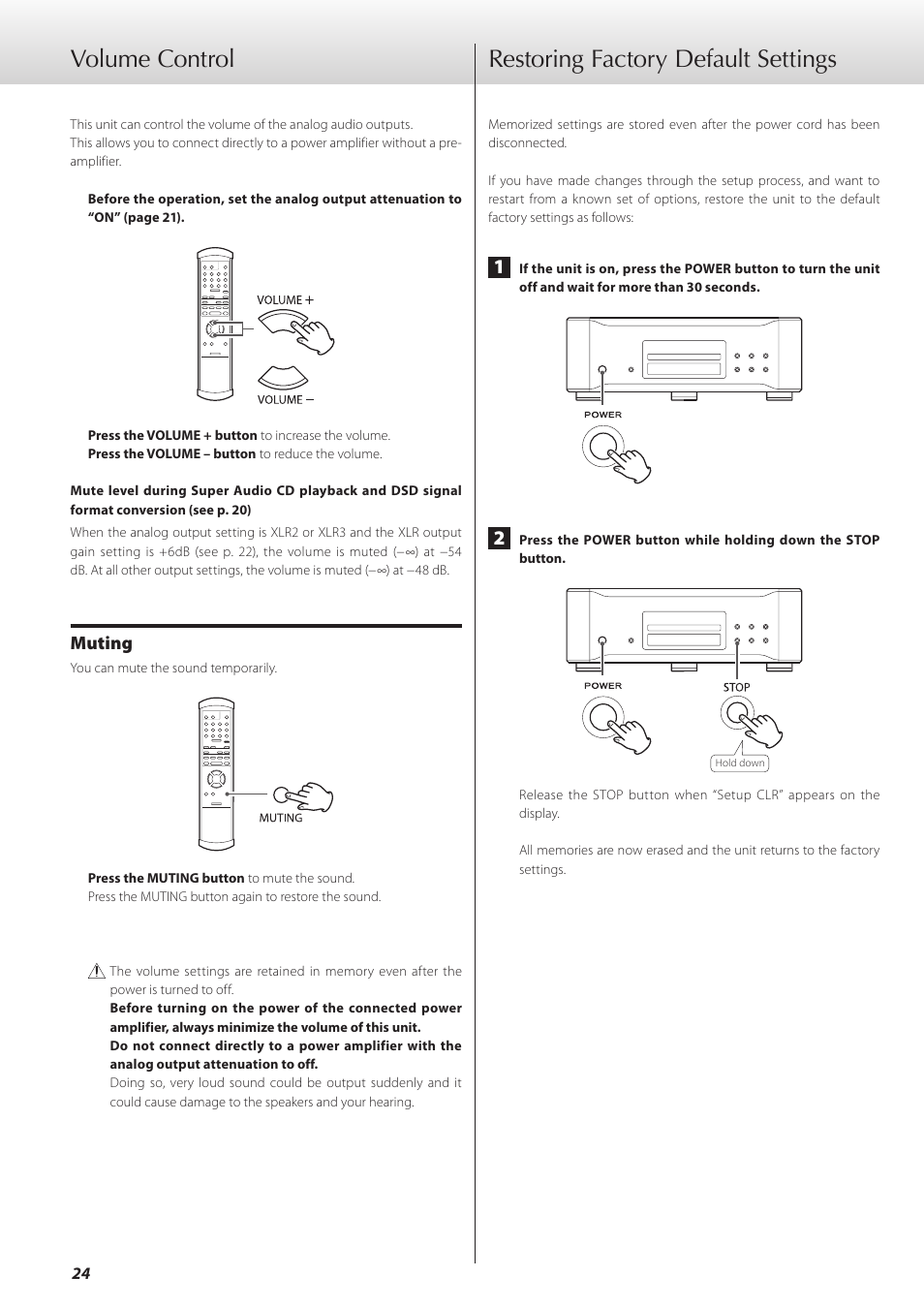 Volume control, Restoring factory default settings | Teac K-01 User Manual | Page 24 / 76