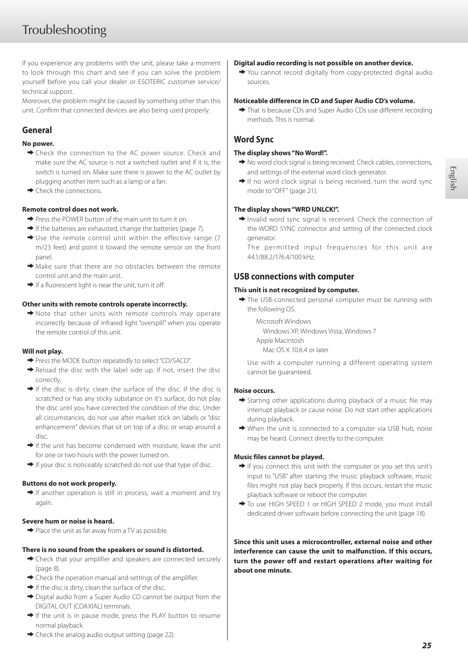 Troubleshooting, General, Word sync | Usb connections with computer | Teac K-01 User Manual | Page 25 / 76