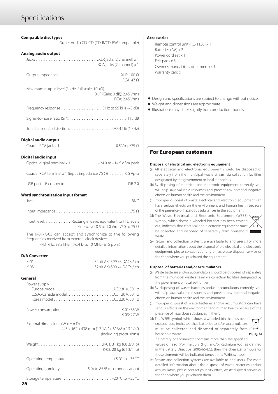 Specifications, For european customers | Teac K-01 User Manual | Page 26 / 76