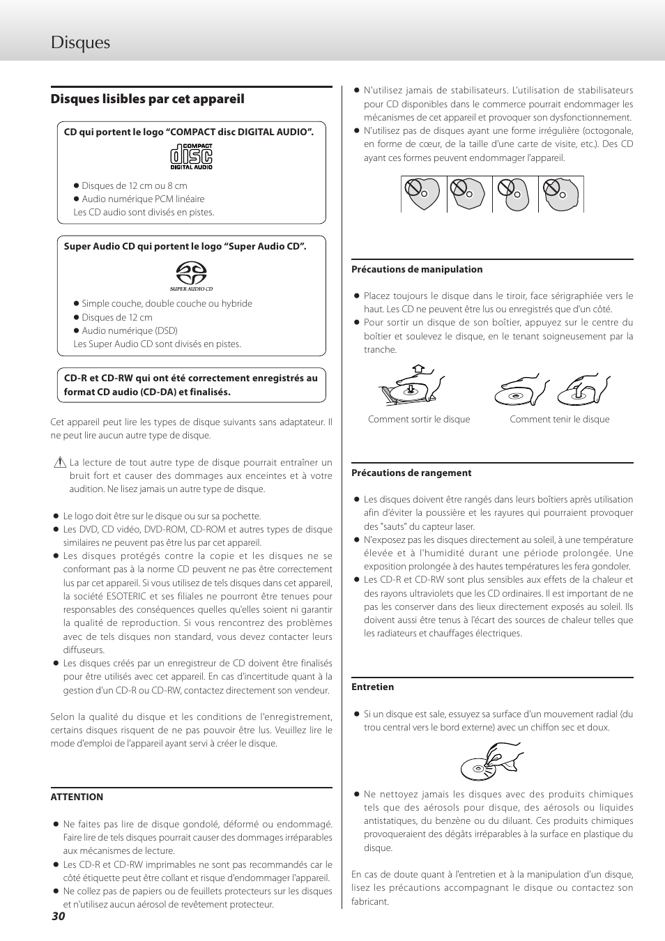 Disques, Disques lisibles par cet appareil | Teac K-01 User Manual | Page 30 / 76