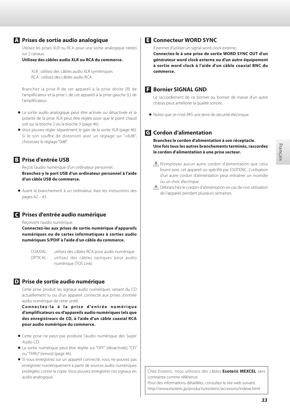 Aprises de sortie audio analogique, Bprise d'entrée usb, Cprises d'entrée audio numérique | Dprise de sortie audio numérique, Econnecteur word sync, Fbornier signal gnd, Gcordon d’alimentation | Teac K-01 User Manual | Page 33 / 76