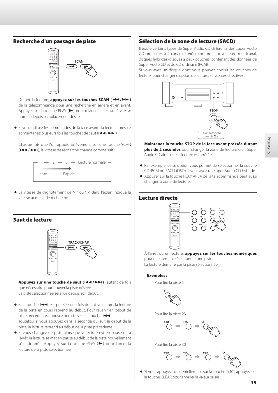 Recherche d'un passage de piste, Saut de lecture, Sélection de la zone de lecture (sacd) | Lecture directe | Teac K-01 User Manual | Page 39 / 76