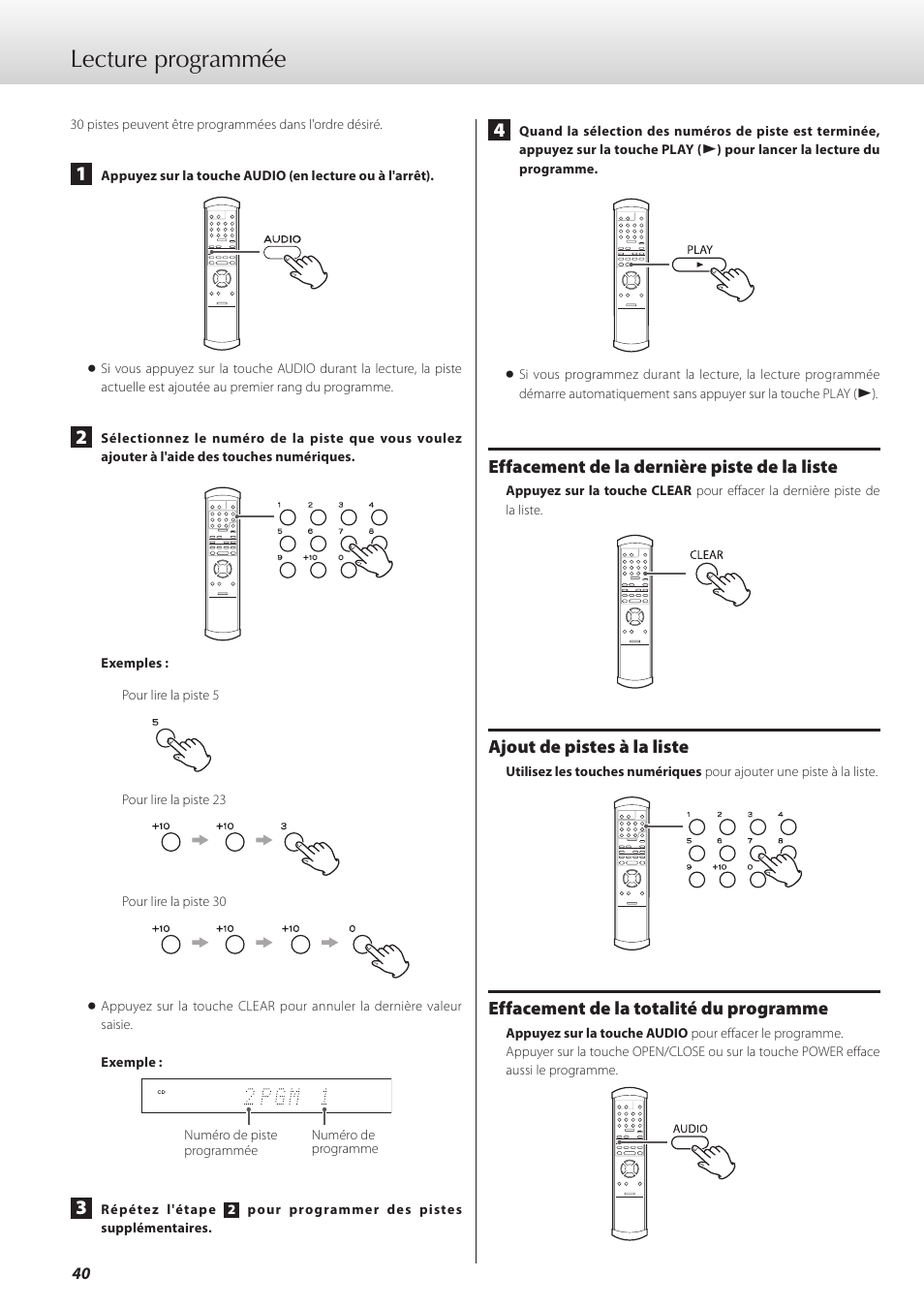 Lecture programmée, Effacement de la dernière piste de la liste, Ajout de pistes à la liste | Effacement de la totalité du programme | Teac K-01 User Manual | Page 40 / 76